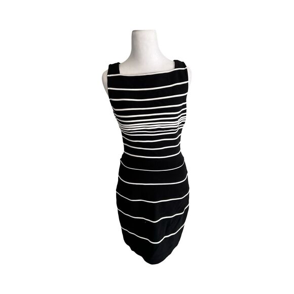 Tadashi Shoji Black White Striped Sheath Dress Woman’s Sz M Slimming Business - Picture 1 of 4